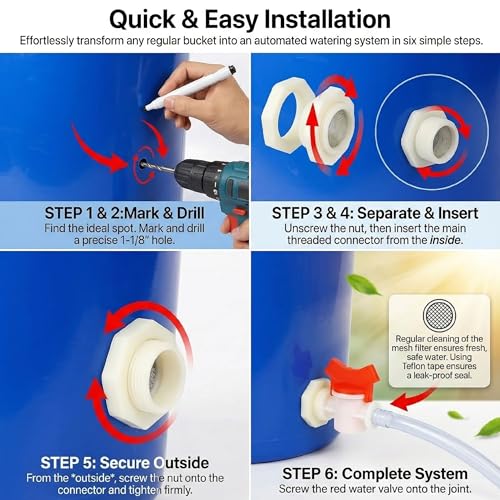 2 Pack Rabbit Watering System Bucket Connector Kit for 5/16" ID Hose, Includes Bulkhead Fitting, Barb Ball Valve & Mesh Filter Washer, Automatic Poultry Waterer Rain Barrel Spigot Kit, White