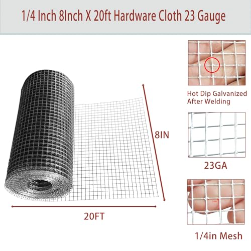 8in X 20ft Hardware Cloth 1/4 Inch 23Gauge, Galvanized Welded Wire Metal Roll, Garden Rabbit Fencing, Snake Fence, Chicken Gopher Racoons Critters Rehab Cage