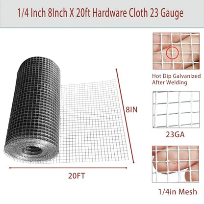 8in X 20ft Hardware Cloth 1/4 Inch 23Gauge, Galvanized Welded Wire Metal Roll, Garden Rabbit Fencing, Snake Fence, Chicken Gopher Racoons Critters Rehab Cage