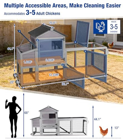 Chicken Coop with Run Mobile Large Chicken Coop with Wheels Duplex Chicken Cage with Slide-Out Tray Waterproof Roof Outdoor Backyard Hen House Grey - color: Grey