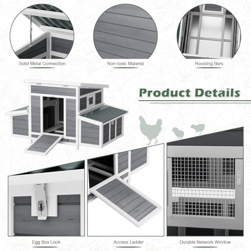 Chicken Coop, Large Wooden Chicken House with Waterproof Roof & Pull-Out Tray, Outdoor Chicken Hutch with 6 Nesting Boxes, Duck Coop Hen House for 4-6 Chicken, Grey - color: Grey