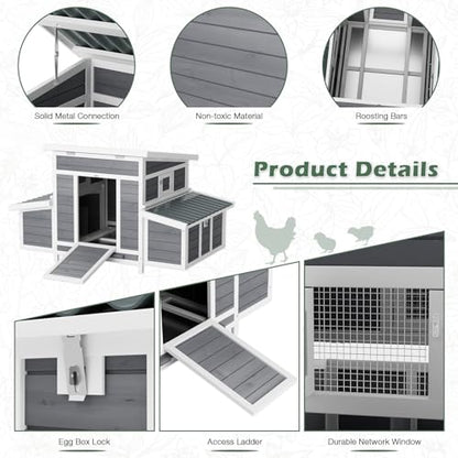 Chicken Coop, Large Wooden Chicken House with Waterproof Roof & Pull-Out Tray, Outdoor Chicken Hutch with 6 Nesting Boxes, Duck Coop Hen House for 4-6 Chicken, Grey - color: Grey