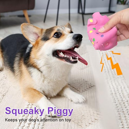 Squeaky Pig Dog Toys 3-Pack, Interactive Latex Piggy Chew Toys Set with Squeak Sounds for Teething Puppy, Small, Medium Dogs (Blue+Pink+Purple)