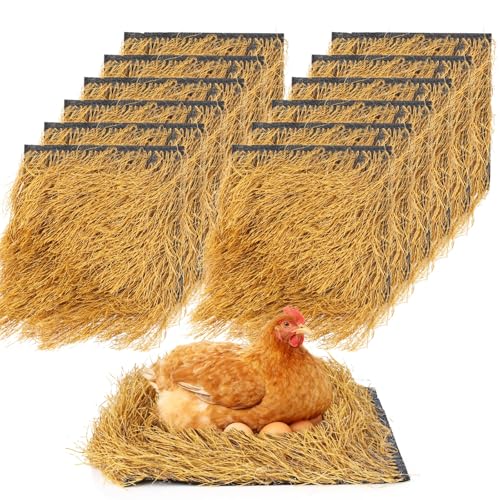 12 Pcs Chicken Nesting Pads, 12x12 Inch Artificial Straw Nest Box Liners, Thick Soft Washable Plastic Straw Mats, Reusable Cuttable Fake Beddings for Hens Ducks Rabbits