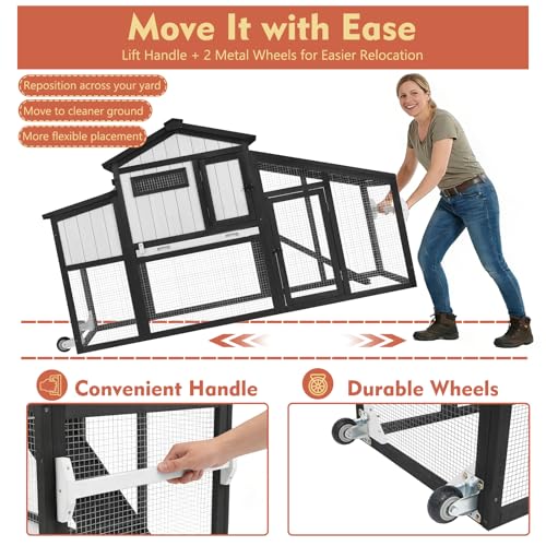 Ketive 65" L Chicken Coop with Wheels for 1–2 Chickens, Outdoor Wooden Hen House with Run, Leakproof Pull-Out Tray, UV-Resistant Panel Roof, 2 Nesting Box,Poultry Cage Chicken Hutch for Backyard Yard - size: 65.0"L x 26.0"W x 39.0"H