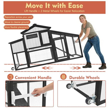 Ketive 65" L Chicken Coop with Wheels for 1–2 Chickens, Outdoor Wooden Hen House with Run, Leakproof Pull-Out Tray, UV-Resistant Panel Roof, 2 Nesting Box,Poultry Cage Chicken Hutch for Backyard Yard - size: 65.0"L x 26.0"W x 39.0"H
