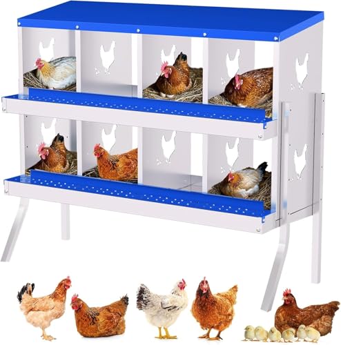 Chicken Nesting Box, 8 Compartments Roll Away Nesting Boxes for Chickens with Easy Egg Collection, Metal Chicken Laying Boxes for Hens, Wall Mounted/Floor Rollaway Laying Boxes for Protect Eggs - color: Blue with stand, size: 8 Compartment
