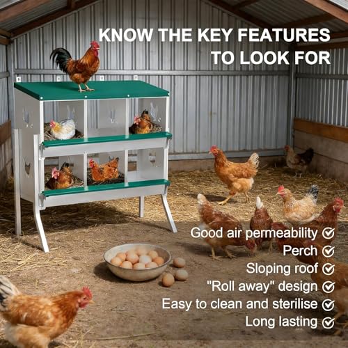 6-Compartment Chicken Nesting Box, Heavy Duty Galvanized Steel Poultry Nest Box, Wall Mount/Freestanding Design for Hens, Ducks, Backyard Homesteads & Farm Use, Green, 10 Mats &4 Eggs, with Stand - color: Green, size: 6 Room&Mat eggs