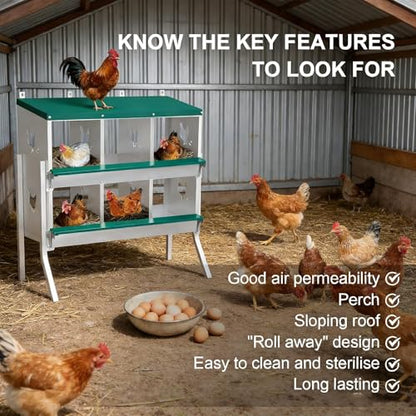 6-Compartment Chicken Nesting Box, Heavy Duty Galvanized Steel Poultry Nest Box, Wall Mount/Freestanding Design for Hens, Ducks, Backyard Homesteads & Farm Use, Green, 10 Mats &4 Eggs, with Stand - color: Green, size: 6 Room&Mat eggs