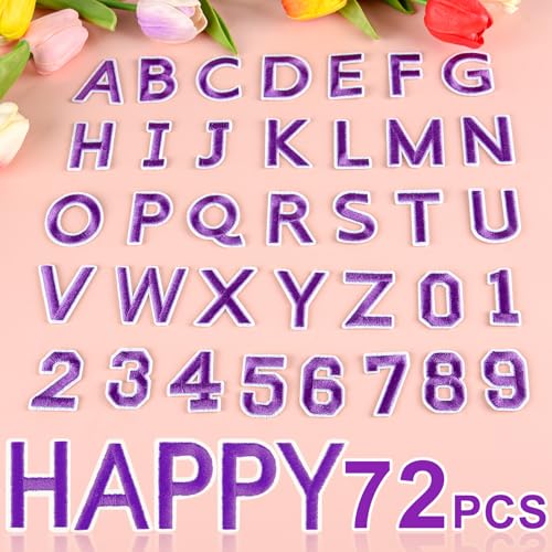 ASTARON 72 Pcs Iron on Letters and Numbers Patches, 1.5 Inch Letters A-Z Numbers 0-9 Embroidered Applique Patches Alphabet Cloth Patch for Clothes, Bags, Socks, Jeans, Hat, DIY Accessories(Purple) - color: Purple