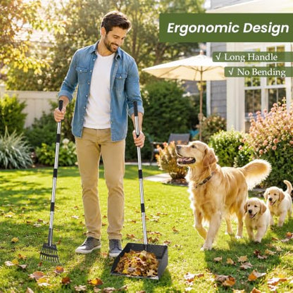 T2Y Dog Pooper Scooper for Multi-Dog Family, Long Handle Rake & Large Tray | 48" Tall No-Bend | 9.4'' Large Tray | Stainless Steel | Adjustable | Works on Grass, Gravel & Dirt | Easy to Install - size: Rake & Large Tray