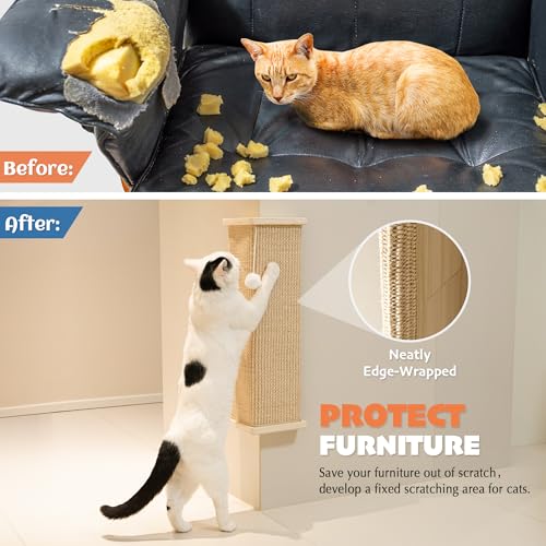 PETKARAY Sisal Corner Cat Scratcher, 22" Large Cat Wall Scratcher, Scratching Post for Indoor Cats, Wall Mounted Sisal Scratch Pad with Toy Ball - size: Wall Corner