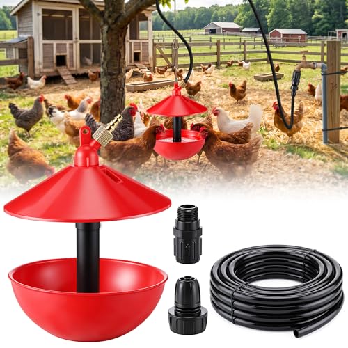 Automatic Poultry Waterer System with 5M Tubing, Hanging Chicken Waterer Bowl with 25 PSI Pressure Regulator, Brass Barb Connector & 3/4" GHT Adapter for Chickens, Ducks, Turkeys and Game Birds