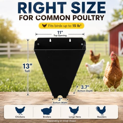 Chicken Processing Cone - Medium Poultry Restraining Cone for Chickens, Broilers & Roosters up to 15 lb, Heavy Duty Steel Chicken killing Cone for Backyard & Small Farm, Flat Back Mount Design