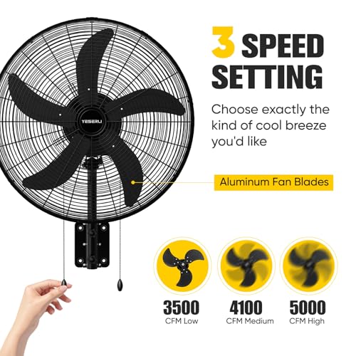 20 Inch Oscillating Wall Mount Fan, High Velocity Commercial Wall Mounted Fan with 3 Speeds, 5000 CFM & 1700 RPM, Heavy Duty Outdoor Wall Fan for Garage, Patio, Warehouse & Workshop, Black - size: 20-Inch