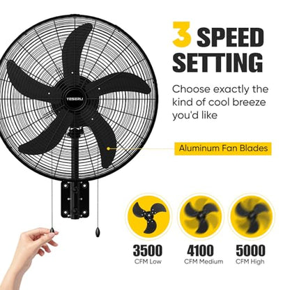 20 Inch Oscillating Wall Mount Fan, High Velocity Commercial Wall Mounted Fan with 3 Speeds, 5000 CFM & 1700 RPM, Heavy Duty Outdoor Wall Fan for Garage, Patio, Warehouse & Workshop, Black - size: 20-Inch