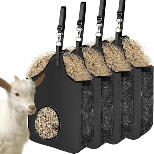 4 Pcs Hay Bag Hanging Goat Feeder Tote Premium Oxford Cloth with Metal Ring and Adjustable Strap for Horses Donkeys Cows Alpacas Ostriches or Other Animals Black - color: black-4