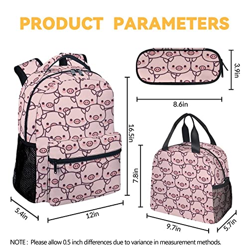 Pig Backpack with Lunch Box and Pencil Case, 16 Inch Cute Pig Bookbag Durable, Lightweight, Large Capacity, Funny Animal Backpack for School Girls Kids Women - color: Style-1-2