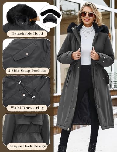 Womens Long Puffer Winter Coats Fleece Jacket Down Parka Warm Overcoat Thicken Quilted Jacket Removable Fur Coat - color: Dark Grey, size: Medium