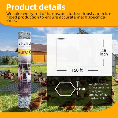Chicken Wire Mesh 48in x 150ft Hexagonal Poultry Wire Netting | Galvanized Hardware Cloth, Garden Fence Barrier Mesh, for Pet Rabbit Garden Chicken Wire Fencing - size: 48in x 150ft 2inch