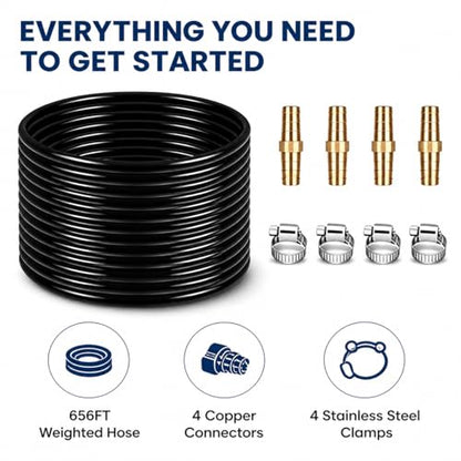 Self Sinking Aeration Hose, 3/8" ID 656FT, Sturdy PVC Line, Packaged with 4 Brass Connectors & 4 Stainless Clamps for In-ground Ponds, Home Garden and Small Farm Water Bodies