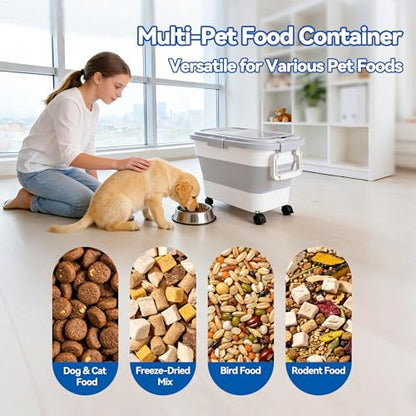 Dog Food Storage Container 20lbs, Airtight Pet Food Bin with Locking Lid & Clear Window, Collapsible Rolling Storage Container with Wheels & Scoop, Gray - color: Gray-S