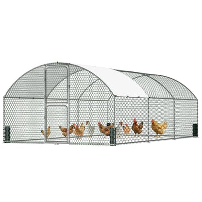 Large Metal Chicken Coop, Chicken Run with Feeding Door, Security Lock and Cover, Outdoor Walk-in Duck/Rabbit Cage Poultry Pen for Backyard, Farm, Yard (Silver - Dome Roof, 19.7 x 9.8 x 6.6 FT) - size: 236.0"L x 118.0"W x 78.7"H
