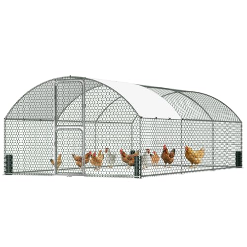 Large Metal Chicken Coop, Chicken Run with Feeding Door, Security Lock and Cover, Outdoor Walk-in Duck/Rabbit Cage Poultry Pen for Backyard, Farm, Yard (Silver - Dome Roof, 19.7 x 9.8 x 6.6 FT) - size: 236.0"L x 118.0"W x 78.7"H