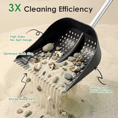 Heavy-Duty Yet Lightweight Chicken Poop Scooper & Rake 2-in-1, Adjustable Handle Length from 38" to 66", Features Manure Sifting Capability – Ideal for Chicken Coops and Farm Animal Cleaning (Black) - color: Black