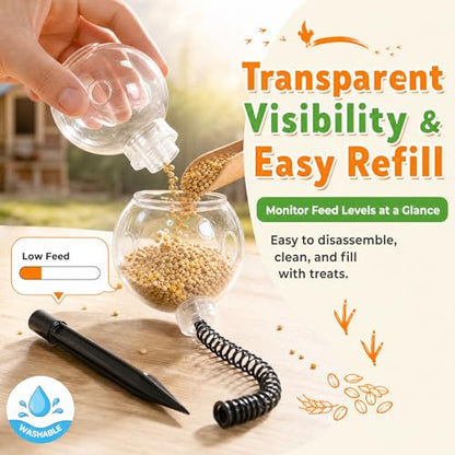 2 Pack Chicken Pecking Toys, Transparent Slow Feed Enrichment Toy, Chicken Swing Feeder with Spring & Ground Stake, Coop Accessories for Hens Poultry Duck Birds Parrots