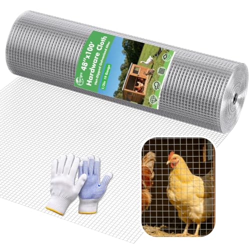 Hardware Cloth 48" x 100ft 1/2" Mesh, Chicken Wire Fencing 19 Gauge, Galvanized Rust-Resistant, Poultry Animal Netting for Chicken Coops, Protective Barriers, Garden Fencing (Gloves Included) - size: 1/2" 48" x 100ft 19Ga