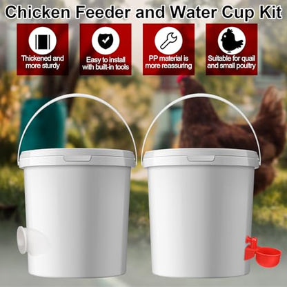Potchen 25 Sets Chicken Feeder and Water Cup Kit, Quail & Chick Port Feeder and Automatic Chicken Waterer with Hole Opener, Drill, DIY Waterer for Various Poultry