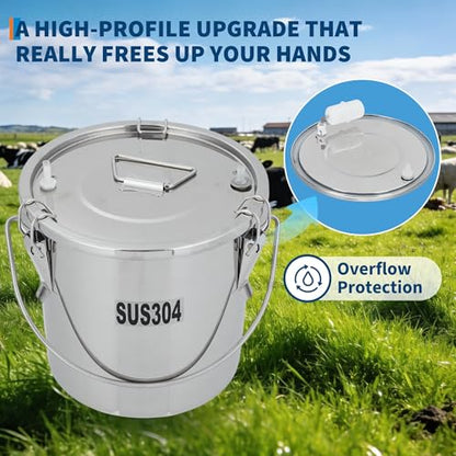 6L Electric Goat Milking Machine, 304 Stainless Steel Bucket, Portable Rechargeable Air Suction Pulsation Vacuum Milker, 4 Safe Grade Silicone Teat Cups, Adjustable Suction for Cows Goats and Sheep