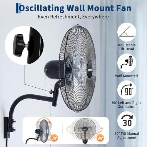 Garvee 18 Inch Oscillating Wall Mount Fan, 3 Speed High Velocity 3500 CFM Industrial Wall Fan, 90° Oscillation & 30° Tilt Cooling,Wall Fan for Home, Offices, Garage, Commercial, Warehouse - size: 18 Inch