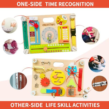 Montessori Busy Board for Toddlers 3-5, Large Wooden Sensory Board with 20+ Learning Activities, Fine Motor Toy, Double-Sided Travel Busy Board for Preschool Boys & Girls - style: Double Sides Busy Board