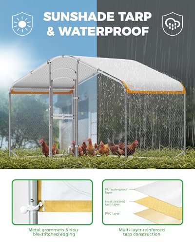 Large Metal Chicken Coop with Run, 6.3FT Walk-in Chicken Run for Yard with Waterproof & Anti-UV Cover, Spire Roof Outdoor Poultry Cage for Chickens Ducks Rabbits Backyard Farm