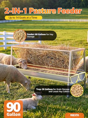 Goat Hay Feeder, 90 Gallon Livestock Feeding Trough with Waste-Reducing Tray, Heavy Duty Galvanized Steel Goat Feeder for Outside, Farm, Barn, Ranch and Sheep Pen