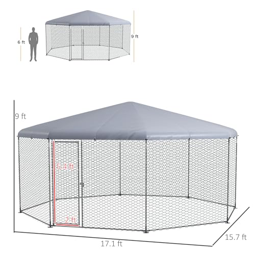 PawHut Large Chicken Coop Metal Chicken Run for Chickens with Waterproof and Anti-UV Cover, Polygon Shaped Walk in Fence Cage Hen House for Outdoor and Yard Farm Use, 1" Dia, 17.1' x 15.7' x 9'