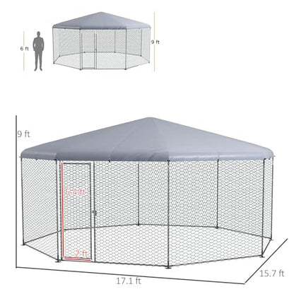 PawHut Large Chicken Coop Metal Chicken Run for Chickens with Waterproof and Anti-UV Cover, Polygon Shaped Walk in Fence Cage Hen House for Outdoor and Yard Farm Use, 1" Dia, 17.1' x 15.7' x 9'