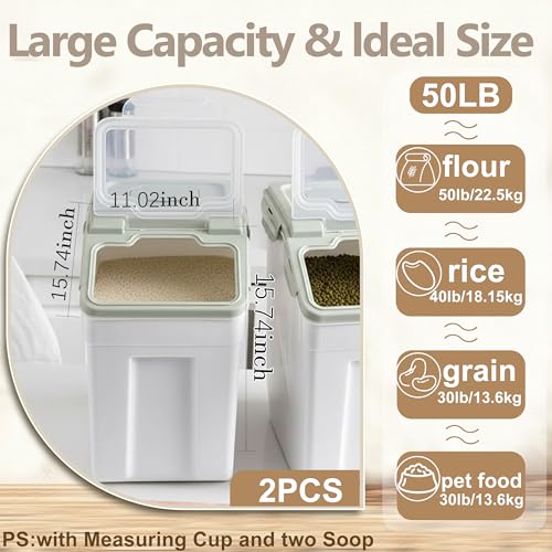 RUIAN 2Pcs Large Flour Storage Container Bin 50Lb Airtight Rice Storage Containers with Wheels Seal Locking Lid, BPA Free with Measuring Cup&Scoop for Flour, Rice, Grain 100LBS Total (Green) - color: Green2Pack 50Lb