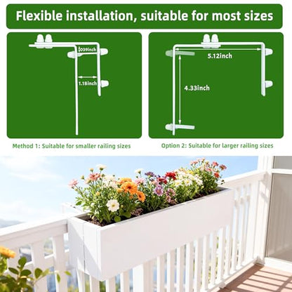 2 Pack Metal Railing Planter Box, 30 Inch Balcony Planters with Adjustable Brackets, Large Hanging Planters for Outdoor Fence Deck - color: White 2pcs