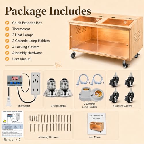 Brooder Box for Chicks, Premium Wooden Chicken Brooder Box with Heat Lamps, Thermostat & Locking Casters, Indoor Chick Brooder Box for Ducklings, Quail and Dwarf Hamster (32x16x16 in) - size: 32.0"L x 16.0"W x 16.0"H