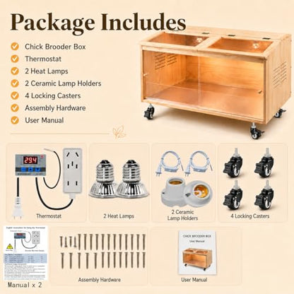 Brooder Box for Chicks, Premium Wooden Chicken Brooder Box with Heat Lamps, Thermostat & Locking Casters, Indoor Chick Brooder Box for Ducklings, Quail and Dwarf Hamster (32x16x16 in) - size: 32.0"L x 16.0"W x 16.0"H
