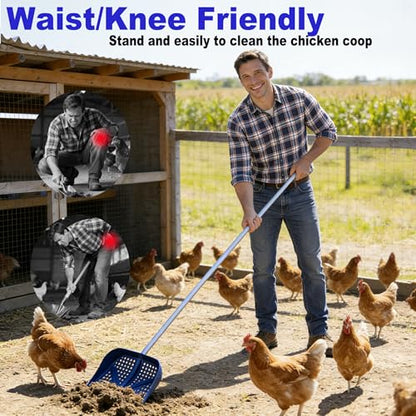 11.8inch Heavy Large 2-in-1 Chicken Poop Scooper & Rake,Adjustable Aluminum Handle（20–61"） Chicken Coop Scoop– Litter Scoop Sand & Sifting Shovel for Chicken Coops(Blue) - color: Blue