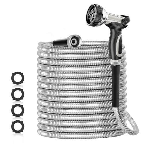 SPECILITE 175ft 304 Stainless Steel Garden Hose Metal, Heavy Duty Water Pipe with Nozzles for Yard, Outdoor - Flexible, Never Kink & Tangle, Puncture Resistant (Sliver) - color: Sliver, size: 175 ft