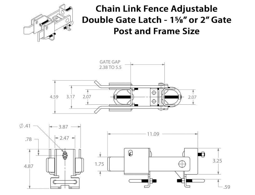 Chain Link Fence Commercial Double Gate Latch 1-5/8" or 2" Frame for Swing Gates (Powder-Coated Black Pressed Steel)