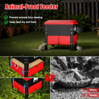 80lbs Automatic Chicken Feeder, Heavy Duty Galvanized Steel Poultry Feeder, Weatherproof & Secure-Lid for Outdoor Use, No Waste & Rodent-Proof for Chickens, Ducks, Turkeys - color: 80lbs-Red