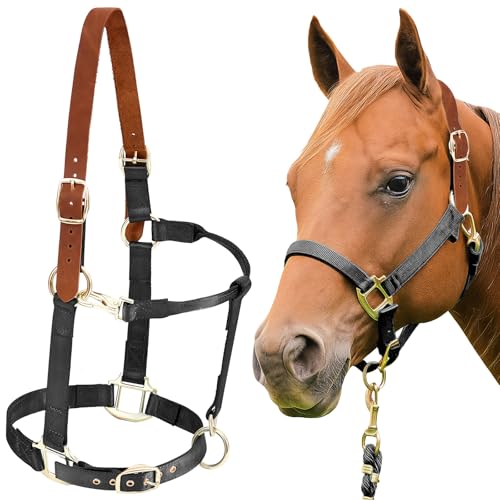 Leather Halter for Horses, Equine Breakaway Nylon Rope Horse Halter with Snap & Adjustable Chin and Throat Snap Hook Halters for Training, Show and Daily Use, Average Size - color: Black Brown