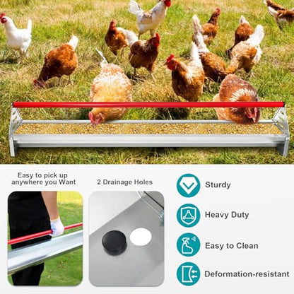 Chicken Feeding Trough, Heavy Duty Galvanized Steel Feeder with Drainage Holes & Crossbar, 45in Poultry Feeder Trough for Chicken, Duck, Geese, Turkey, Rabbit and Pigeon