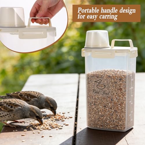 2 Pcs 3.17 Qt/3 L Bird Seed Storage Container Airtight- Portable Plastic Pet Food Container with Measuring Cup, Clear Wild Bird Seed Dispenser for Birds Pets Food Chicken Seed Storage, BPA Free